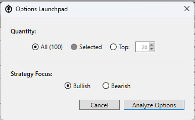 Options Launchpad dialog for selecting quantity and bullish or bearish strategy focus