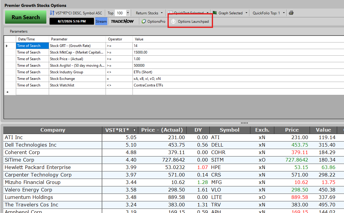 VectorVest Premier Growth Stocks Options search with the Options Launchpad button highlighted