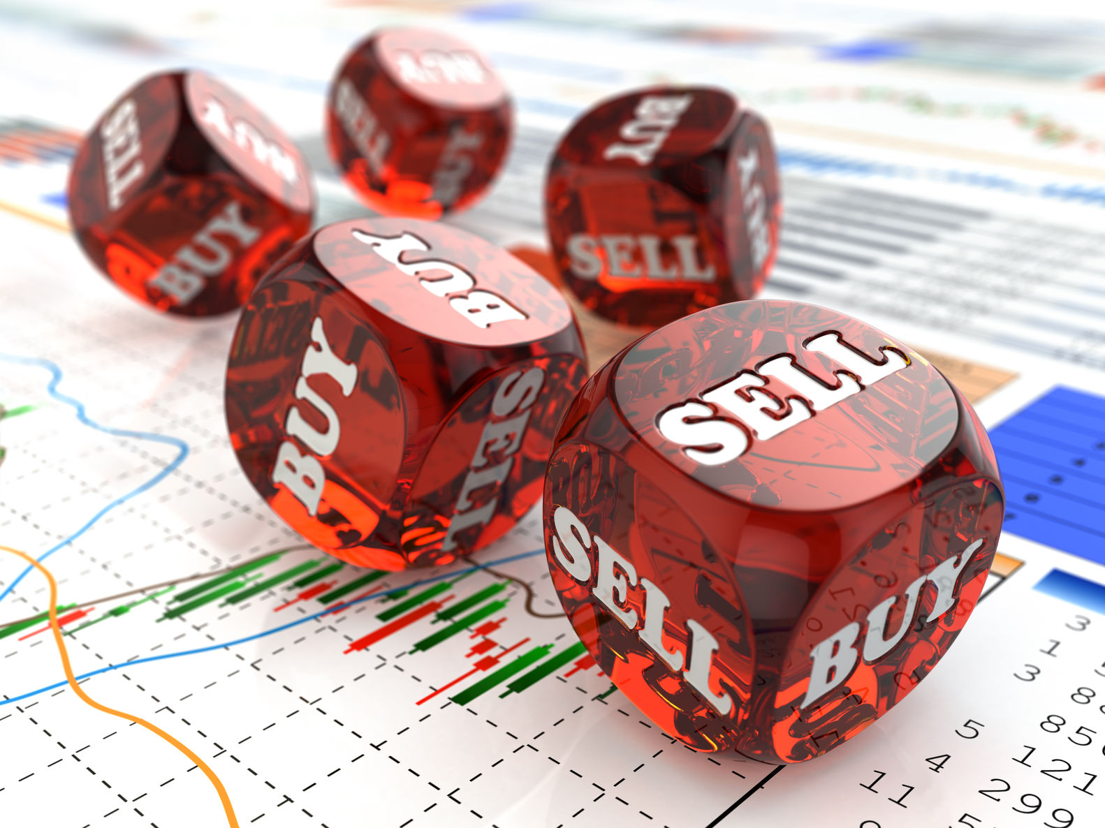 stock market concept. dice on financial graph. 3d