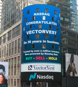 NASDAQ Powered Data. VectorVest Trusted Results. Billboard announcement congratulating the VectorVest team for 36 years in the stock trading business.