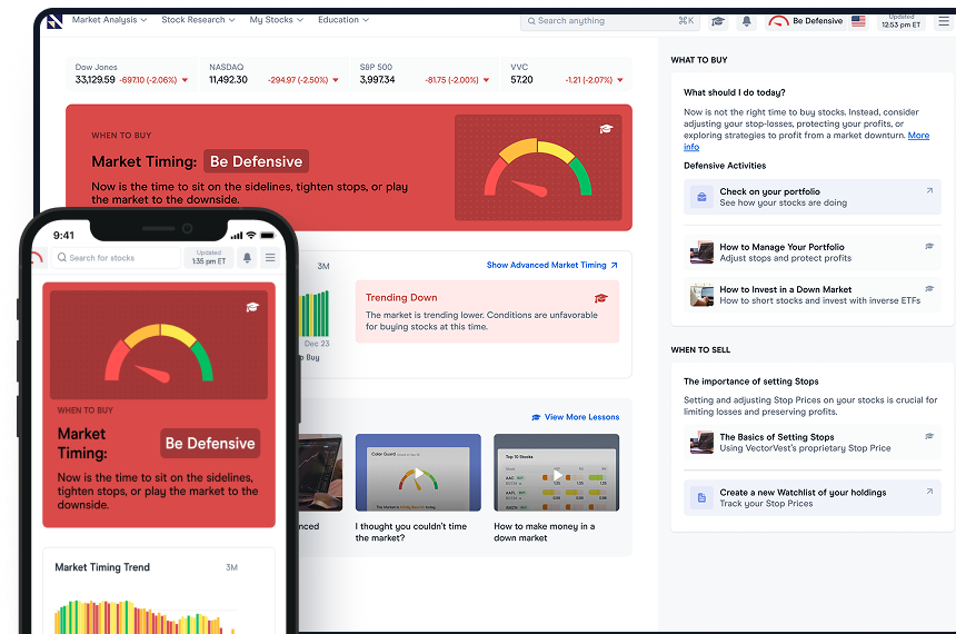 A mobile phone and desktop display VectorVest's online trading platform. The screens show a stock trading interface with a clear "BUY," "Sell," or "Hold" recommendation prominently highlighted.
