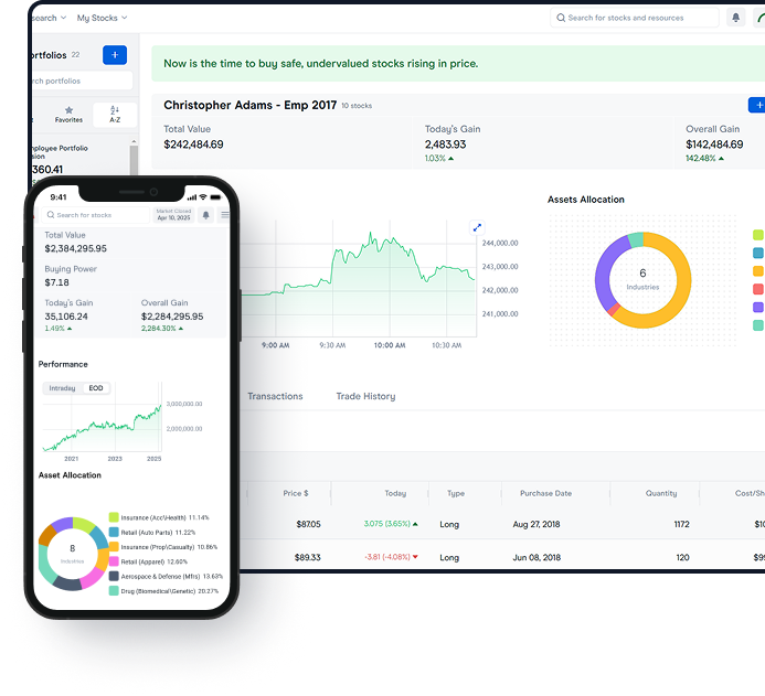 VectorVest Top Stock Trading Platform VectorVest dashboard on desktop and mobile showing real-time stock insights.