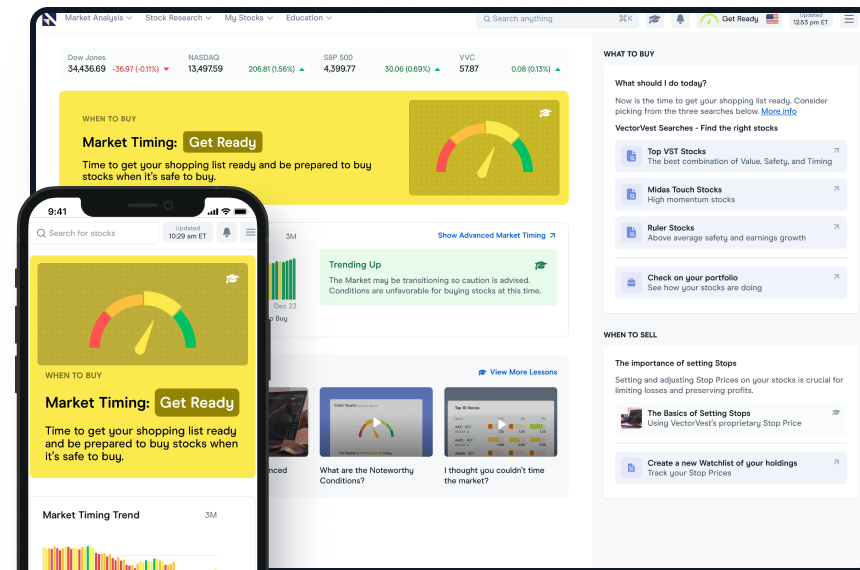 A mobile phone and desktop display VectorVest's online trading platform. The screens show a stock trading interface with a clear "BUY," "Sell," or "Hold" recommendation prominently highlighted.