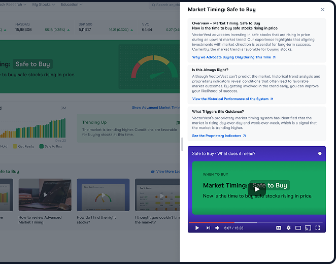 Stock analysis software explaining daily Buy recommendations with interactive educational content