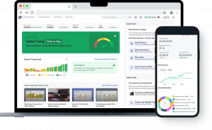 Stock Trading Web App on Desktop & Mobile Devices Stock trading platform shown on desktop and mobile devices – buy/sell signals for thousands of stocks.
